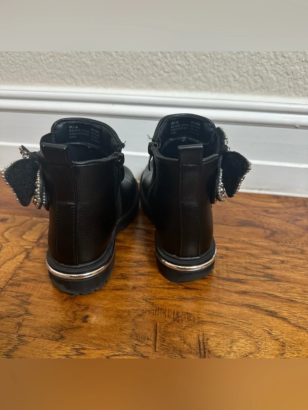 MIA Girls Black Ankle Boots Size 12M Rhinestone Bow Side Zip